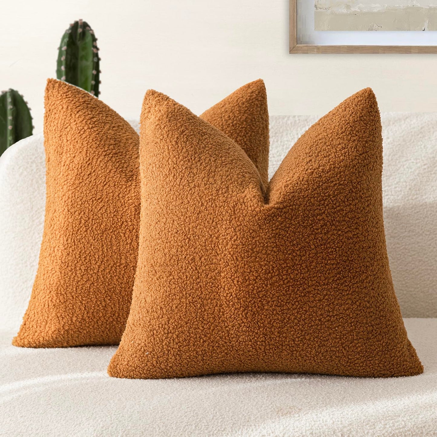 Foindtower Pack of 2, Curly Faux Fur Decorative Throw Pillow Covers Soft Neutral Plush Cushion Case Cozy Fluffy Furry Pillowcase for Home Living Room Couch Bedroom Sofa 18 x 18 Inch, Cream White