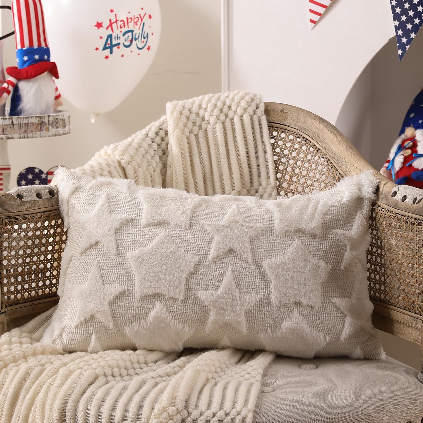 DFXSZ 4th of July Pillow Covers 18x18 inch Set of 2 4th of July Decor White Size Stars Decoration White Soft Plush Faux Fur Jacquard Throw Pillows Independence Day Decorations for Home Sofa PTK030C18