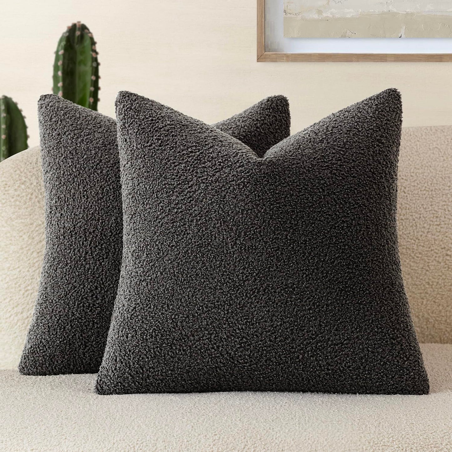 Foindtower Pack of 2, Curly Faux Fur Decorative Throw Pillow Covers Soft Neutral Plush Cushion Case Cozy Fluffy Furry Pillowcase for Home Living Room Couch Bedroom Sofa 18 x 18 Inch, Cream White