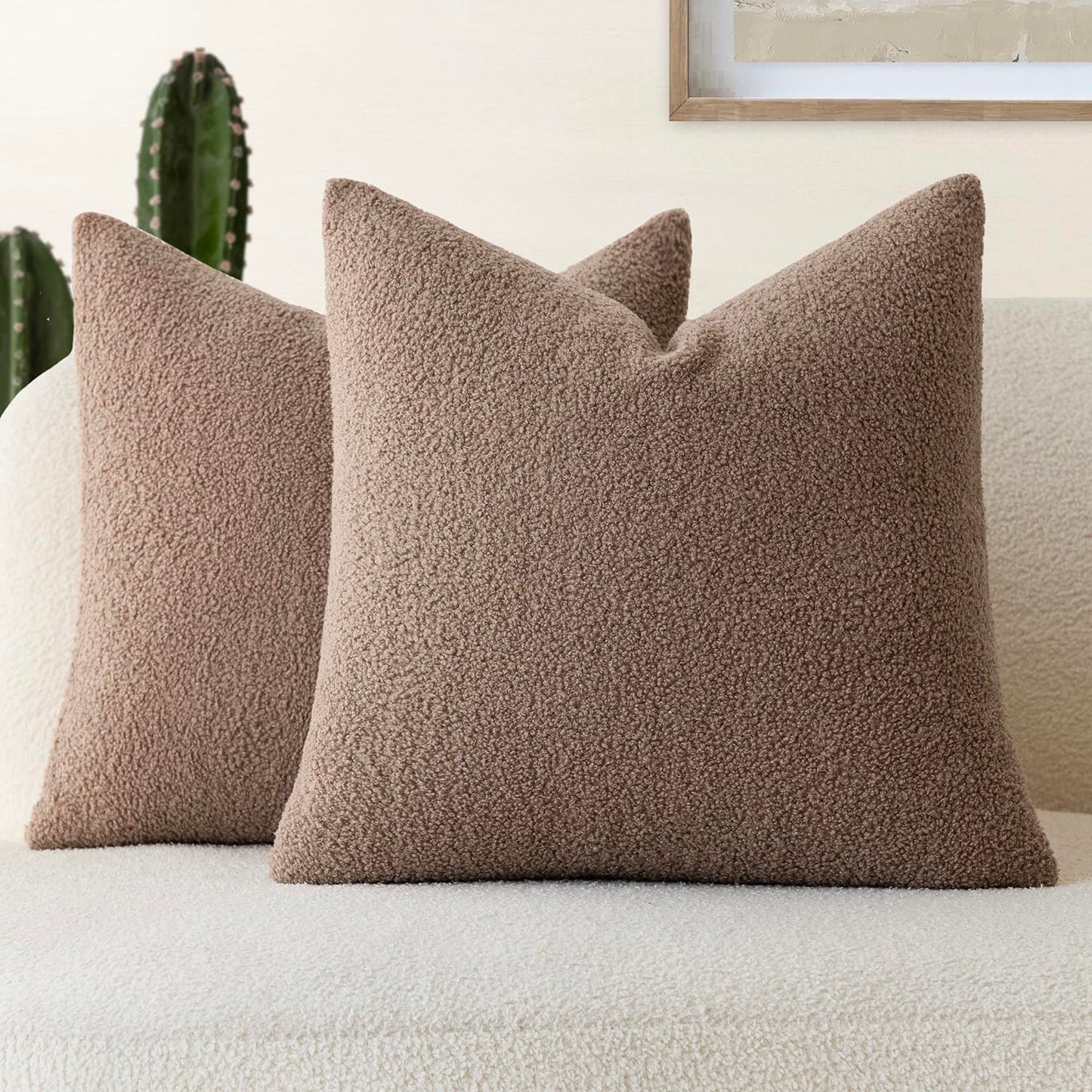 Foindtower Pack of 2, Curly Faux Fur Decorative Throw Pillow Covers Soft Neutral Plush Cushion Case Cozy Fluffy Furry Pillowcase for Home Living Room Couch Bedroom Sofa 18 x 18 Inch, Cream White