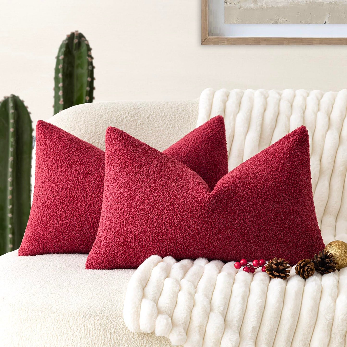 Foindtower Pack of 2, Curly Faux Fur Decorative Throw Pillow Covers Soft Neutral Plush Cushion Case Cozy Fluffy Furry Pillowcase for Home Living Room Couch Bedroom Sofa 18 x 18 Inch, Cream White