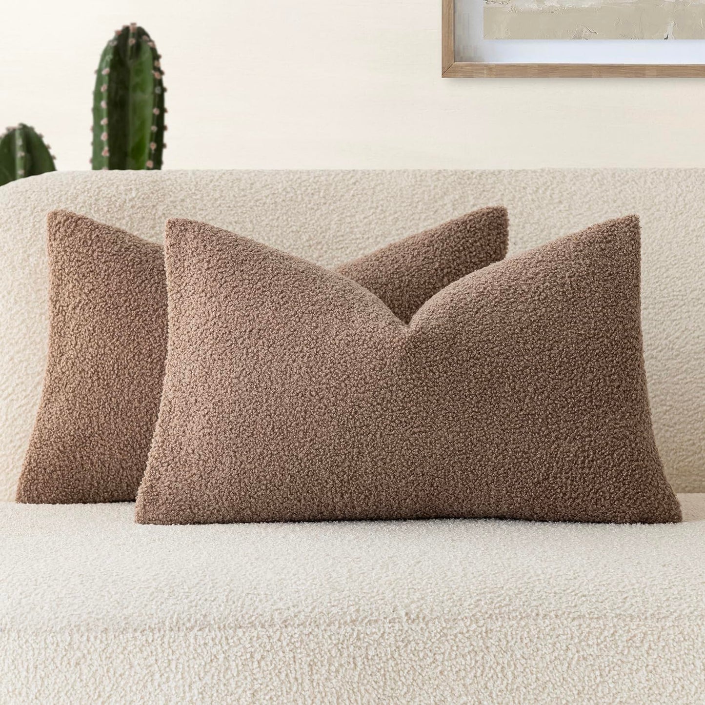 Foindtower Pack of 2, Curly Faux Fur Decorative Throw Pillow Covers Soft Neutral Plush Cushion Case Cozy Fluffy Furry Pillowcase for Home Living Room Couch Bedroom Sofa 18 x 18 Inch, Cream White