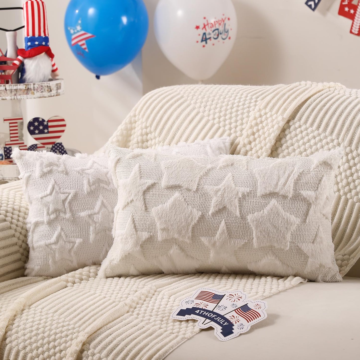 DFXSZ 4th of July Pillow Covers 18x18 inch Set of 2 4th of July Decor White Size Stars Decoration White Soft Plush Faux Fur Jacquard Throw Pillows Independence Day Decorations for Home Sofa PTK030C18