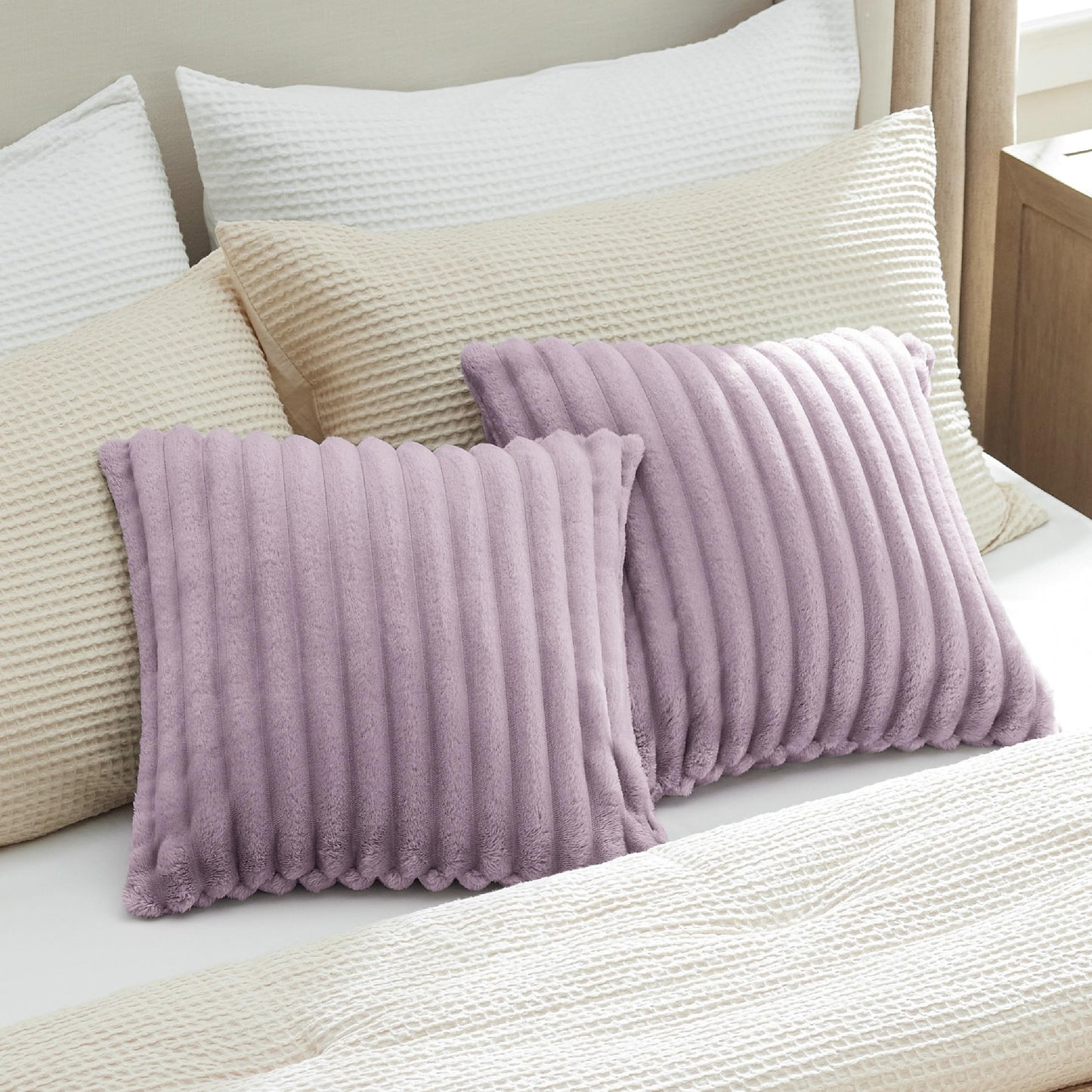 Bedsure White Throw Pillow Covers 18x18 Set of 2, Soft Decorative Fluffy Striped Sofa Pillow Covers, Home Decor for Living Room Couch Bed