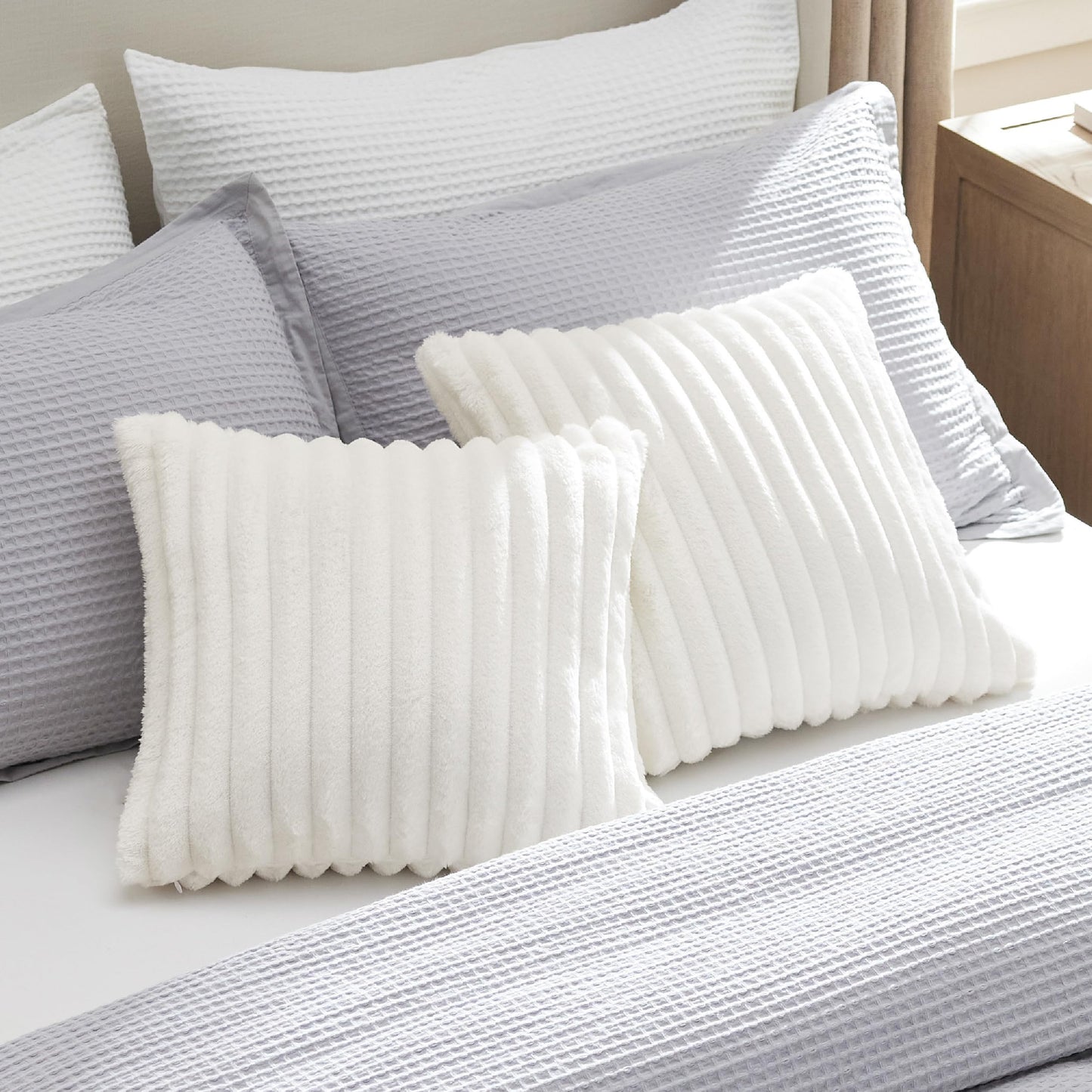 Bedsure White Throw Pillow Covers 18x18 Set of 2, Soft Decorative Fluffy Striped Sofa Pillow Covers, Home Decor for Living Room Couch Bed