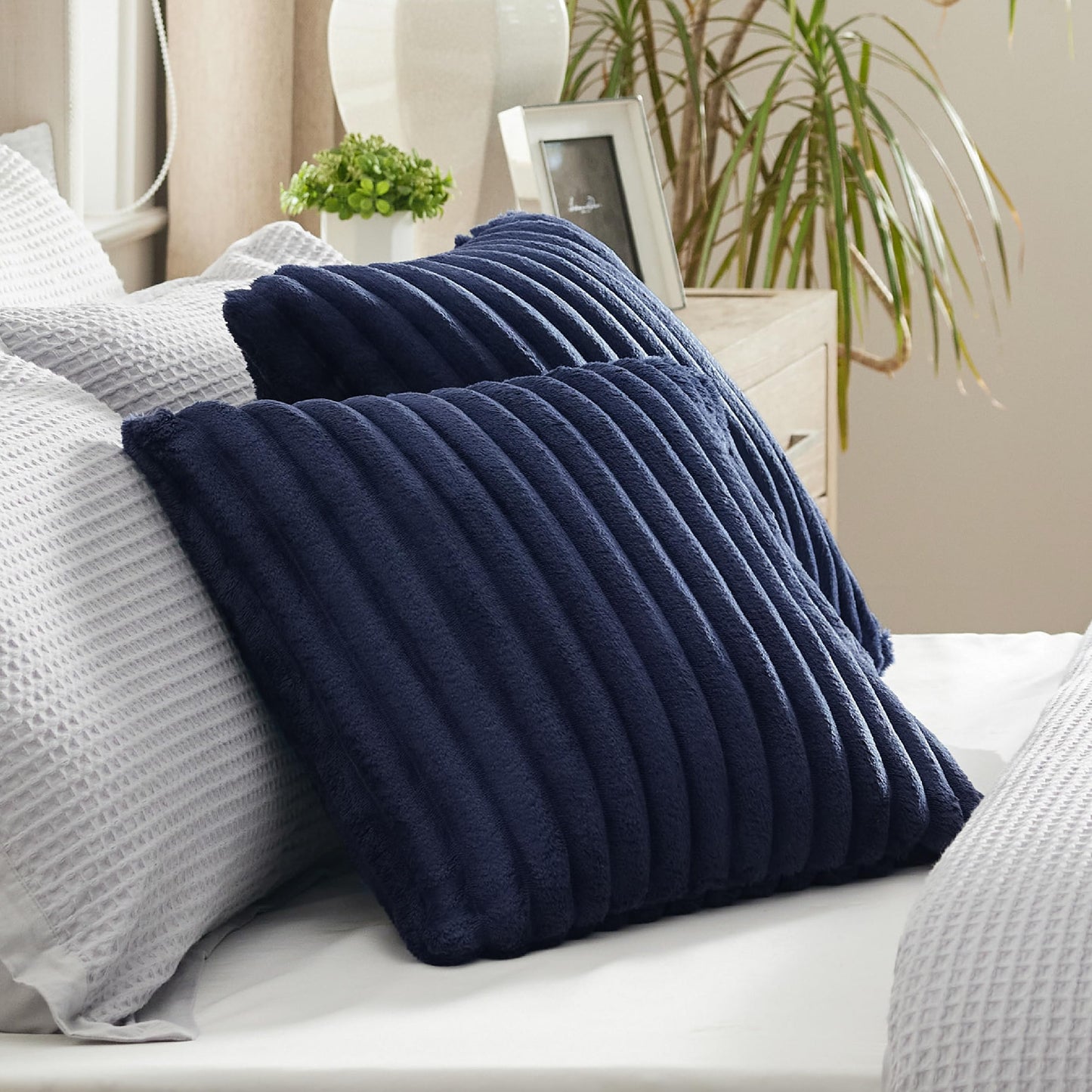 Bedsure White Throw Pillow Covers 18x18 Set of 2, Soft Decorative Fluffy Striped Sofa Pillow Covers, Home Decor for Living Room Couch Bed