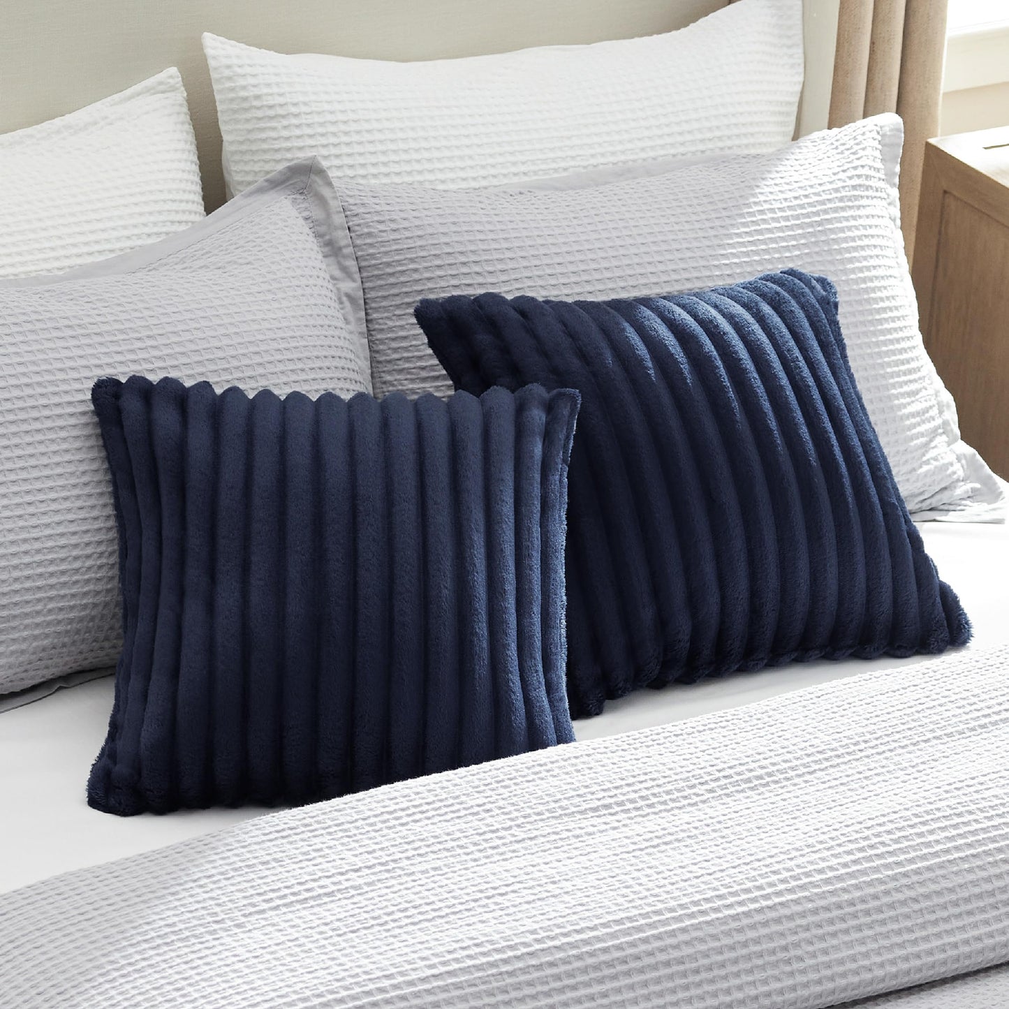 Bedsure White Throw Pillow Covers 18x18 Set of 2, Soft Decorative Fluffy Striped Sofa Pillow Covers, Home Decor for Living Room Couch Bed