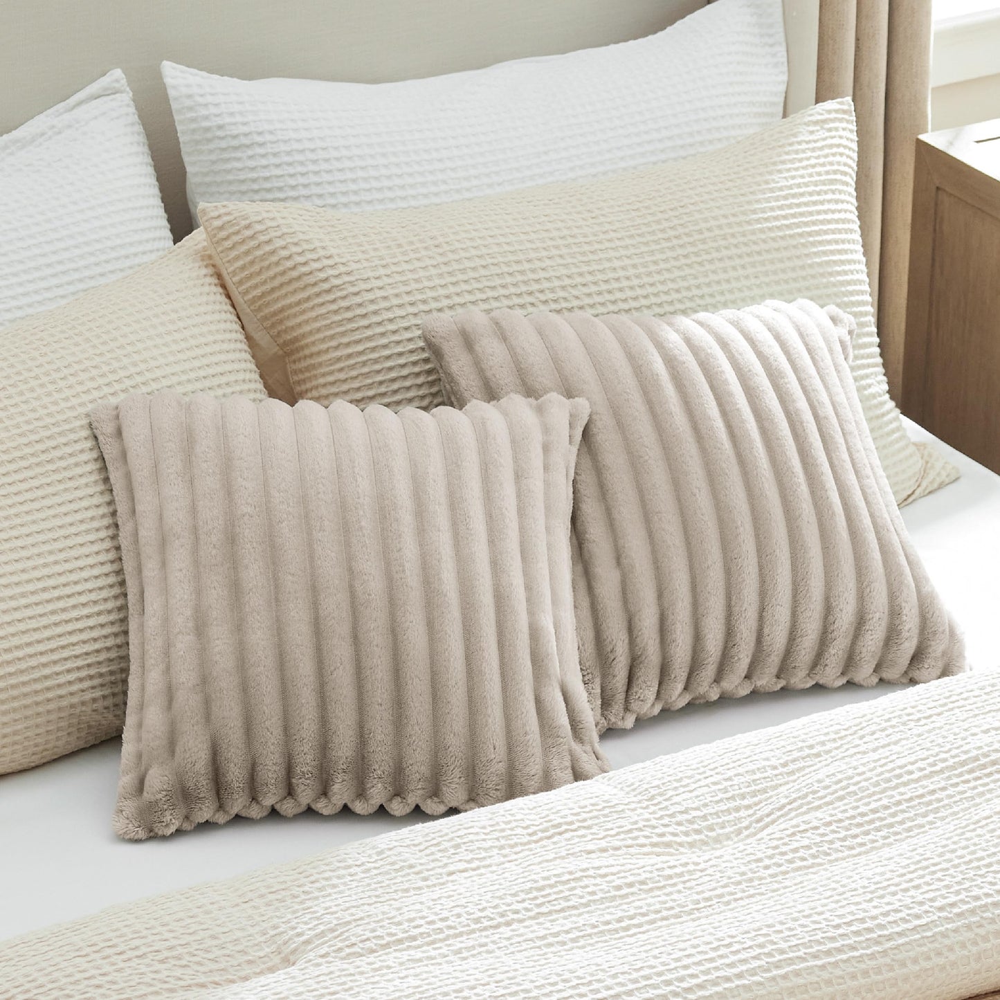 Bedsure White Throw Pillow Covers 18x18 Set of 2, Soft Decorative Fluffy Striped Sofa Pillow Covers, Home Decor for Living Room Couch Bed